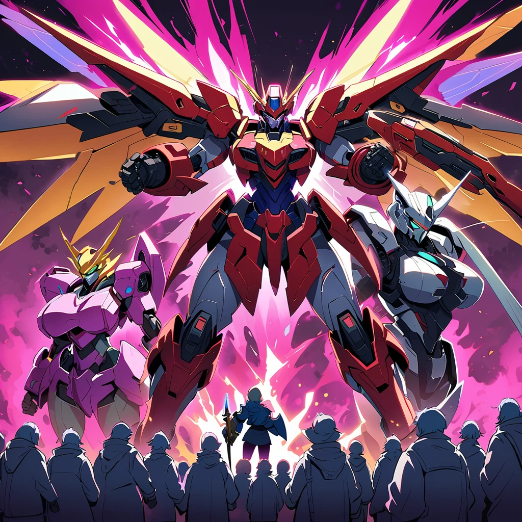 Anime, high detailed, multiple womans, mature womans, mecha armor, large mechanical wings, large Gauntlet, serious, curvy body, long mechanical wings, mecha weapons、Colored armors、magenta Colored aura、BLUE Eyes, elongated pupils,  Mature Woman、magenta aura、womans surrounding, background in the space 