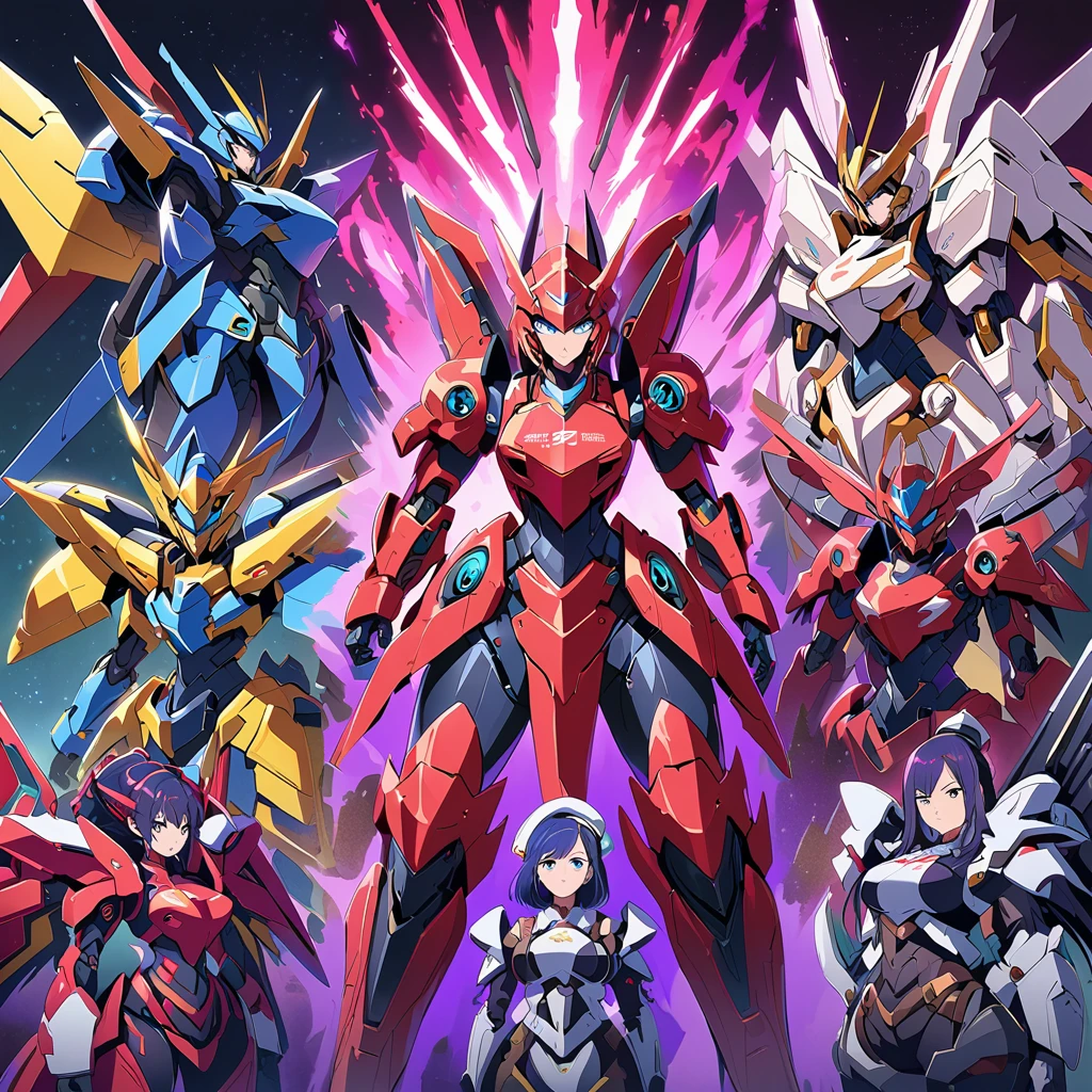 Anime, high detailed, multiple womans, mature womans, mecha armor, large mechanical wings, large Gauntlet, serious, curvy body, long mechanical wings, mecha weapons、Colored armors、magenta Colored aura、BLUE Eyes, elongated pupils,  Mature Woman、magenta aura、womans surrounding, background in the space 