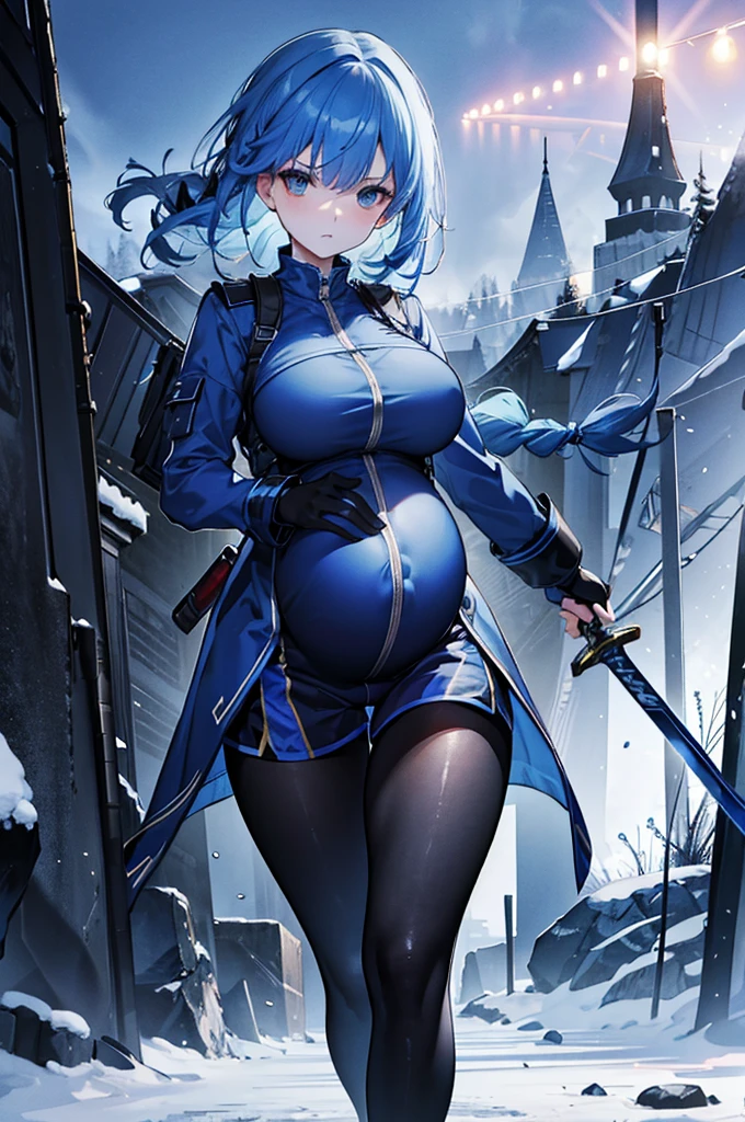 4K,high resolution,A woman,blue Hair, braided hair, Breasts, night, snowy Scene, dark combat uniform, blue shorts, black leggings, Pregnant, looking at viewer, angry, hand on sword