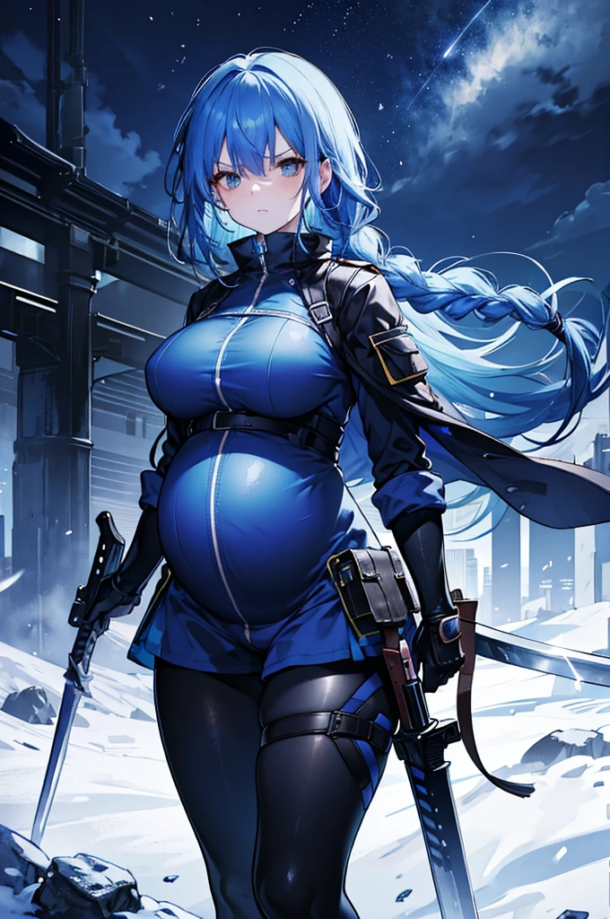 4K,high resolution,A woman,blue Hair, braided hair, Breasts, night, snowy Scene, dark combat uniform, blue shorts, black leggings, Pregnant, looking at viewer, angry, hand on sword