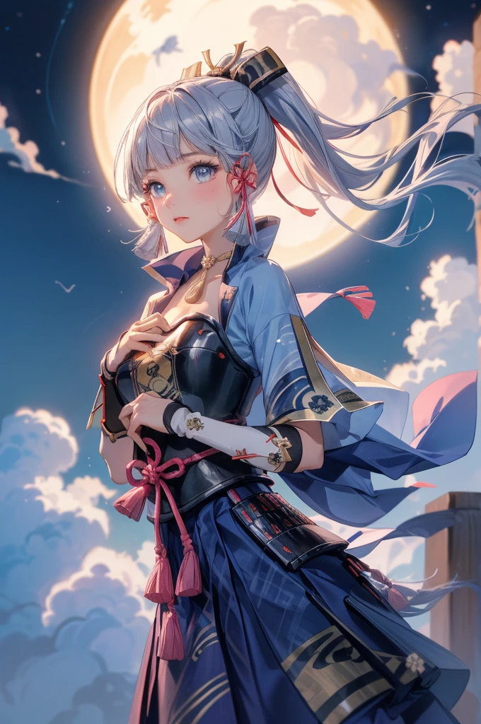 masterpiece, Best Quality, ((Ayaka Kamisato_ Genshin Impact)),(( 1 girl ,Long Hair, blue hair , ponytail,  Hair Ribbon ,  hair accessories , Hold the  ,  blue eyes ,breastplate,armor, Short sleeve,Japanese clothing,  Blue Skirt , Tassel,gloves, Arm guard,))[hold a japanese fan(japanese sensu):1.4],((Great background、whirlwind、Night Sky、star、moon、朧moon夜、cloud、うろこcloud)),　Reaching for the cherry blossom
