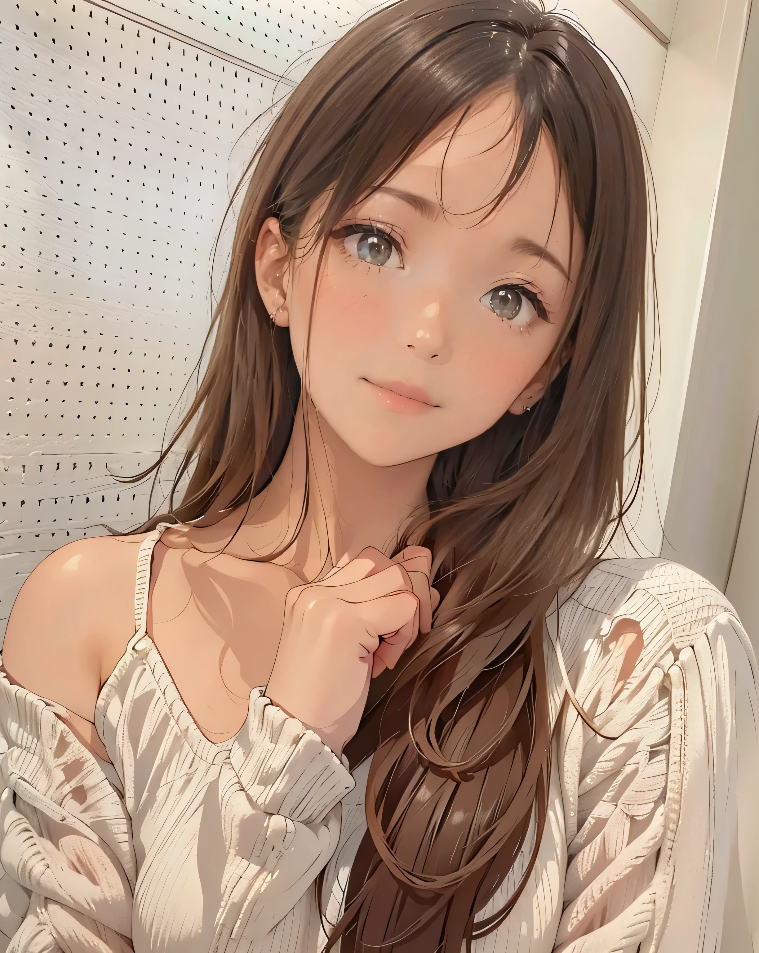 top-quality、超A high resolution、Accurate fingertips, (Photorealsitic:1.4)、Crisp skin、Realistic skin texture, 4K, photorealism, ultra high resolution, photo, exquisitely beautiful photo, Clear eyes, extraordinary beauty, break, cheek gloss highlights, perfect body, biologically accurate limbs, cute and beautiful facial details, beautiful bangs, shining white skin, natural skin texture, Natural skin glow, Natural Light, beautiful shiny hair, smooth hair, thinning hair, 23 age, japanese, natural hunge breasts:1.5, (plain knitted sweater), long hair, Elegant, I have a book,