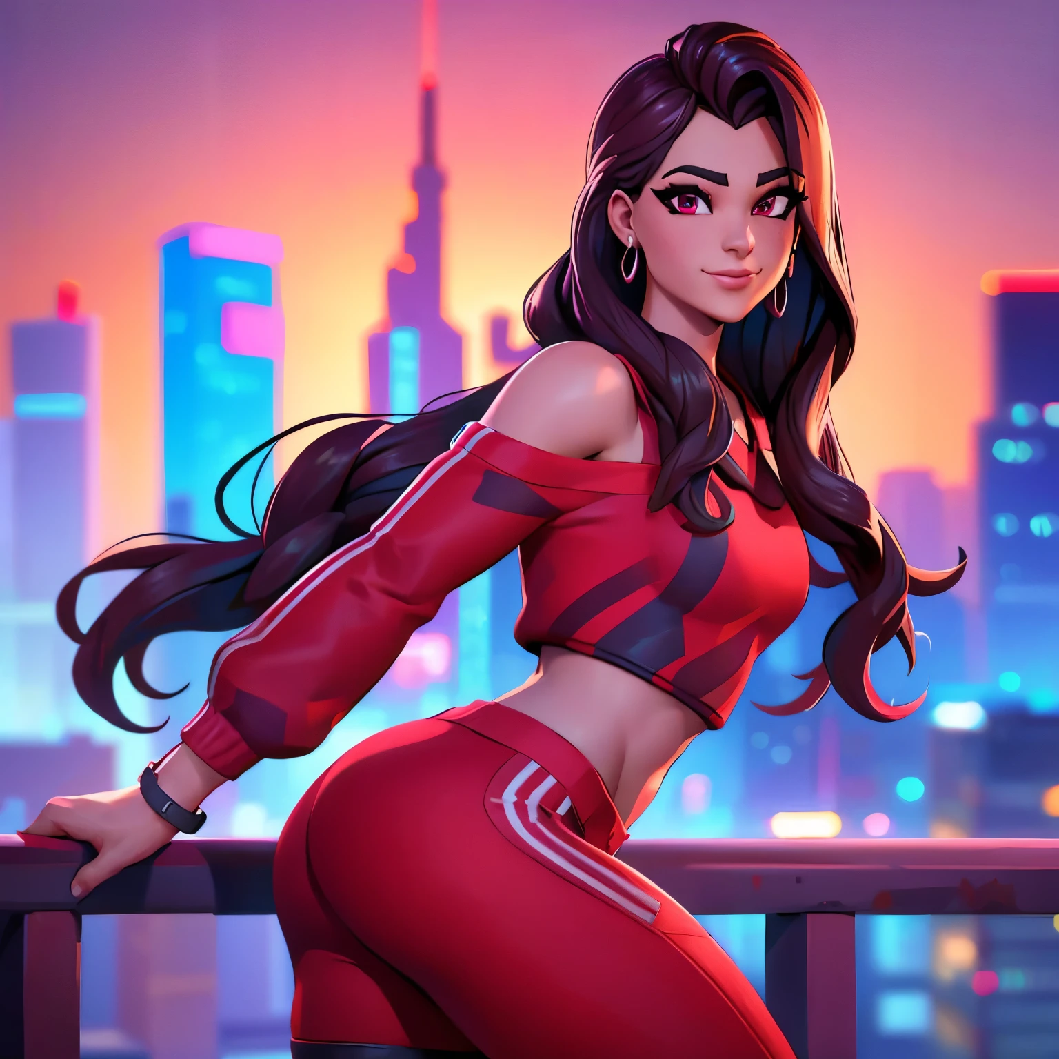 Ruby , (fortnite),1girl, solo, long hair, looking at viewer, smile, city background, bare shoulders, tight shirt, closed mouth, portrait, red sweatshirt, skin tight pants, red sports pants, realistic, best quality, masterpiece, ultra detail, ultra high res, extreme detail, 8k, uhd