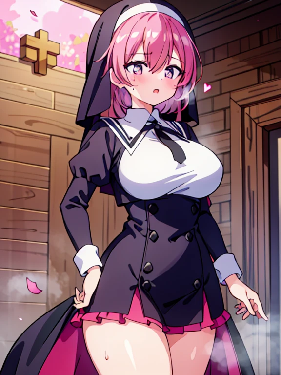 ((2girl),(yuri,lesbian),(petite)),(kiss,nipple-to-nipple,(Stare deeply into each other's eyes)), (8k,16K,masterpiece,best quality,high-resolution,detailed fingers,detailed hands,detailed eyes,detailed legs:1.5), ( pink hair, red hair, short hair, long hair,shiny hair:1.3), ((nun),Shiny:1.3), ((big breasts),beautiful breasts),(flower confetti:1.3,church), ((happy),(blush),(steam:1.3),(Sweaty)), (spoken heart)