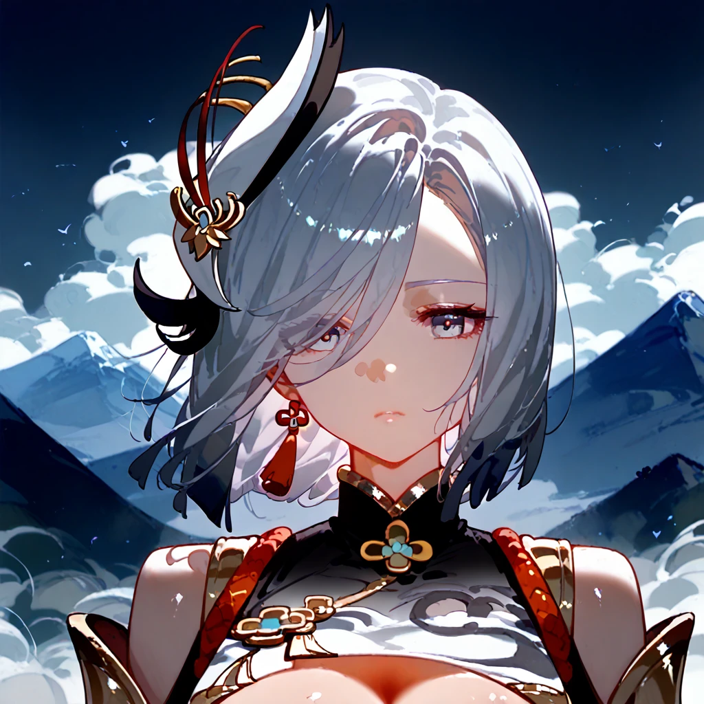 
shenhe,genshin impact, very close to viewer, the character is in the center of the frame, two arms, Tyrannical, detailed anime face, turn pale, cleavage cutout, Mist encircles the mountains, shiny skin, shiny