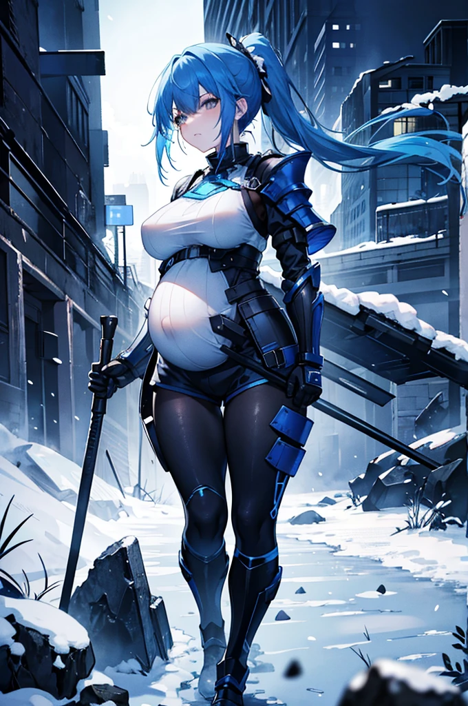 4K,high resolution,A woman,blue Hair, Short Ponytail, Breasts, night, snowy Scene, dark combat uniform, blue shorts, black leggings, Pregnant, looking at viewer, angry, broken armor