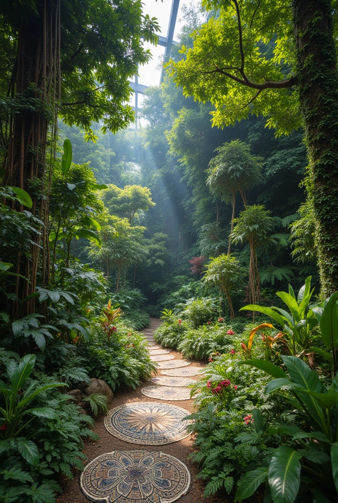 best quality, ((An outside)) Wide Shot of a dense mandala forest rich of Houseplant,