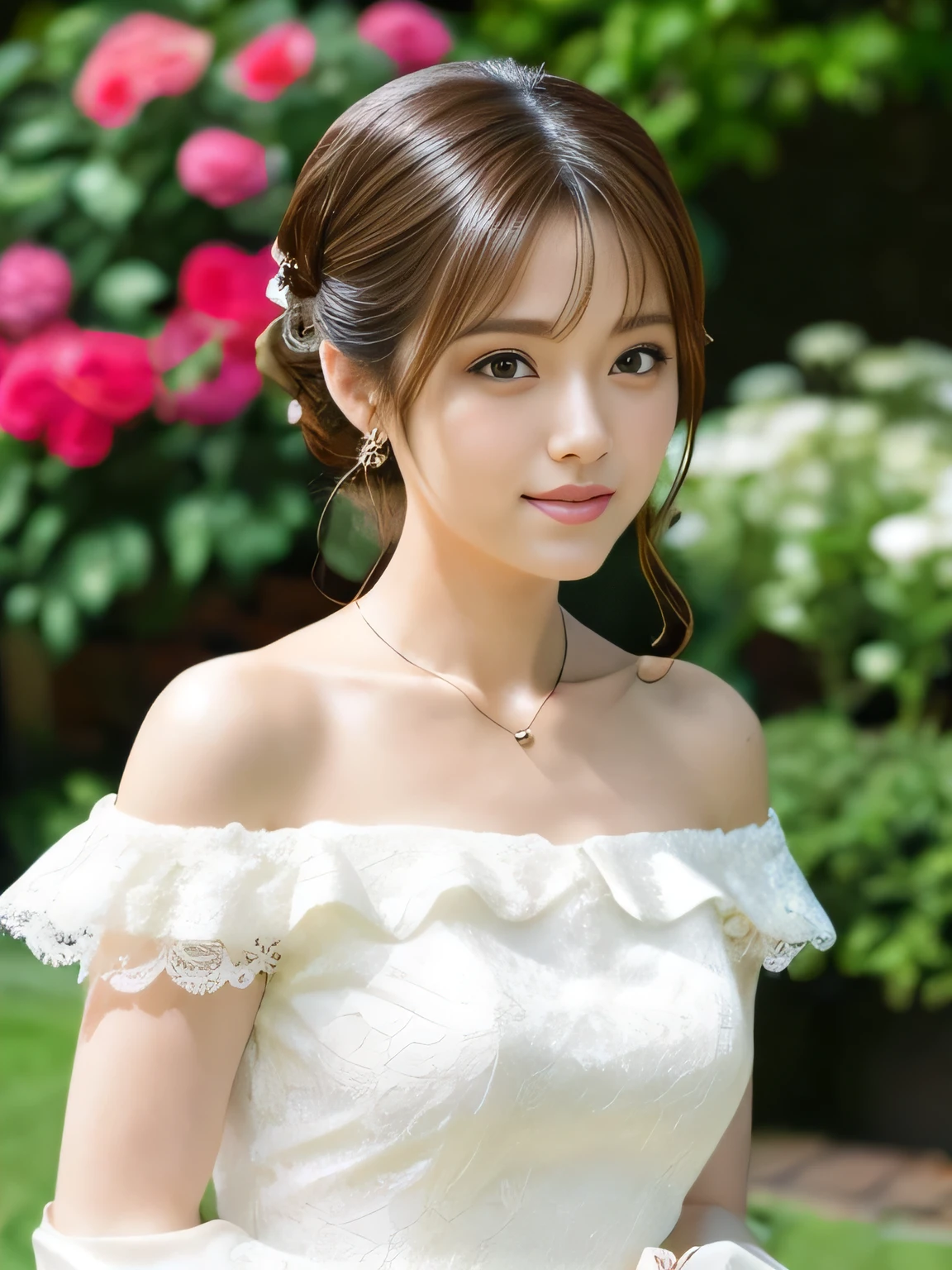  beautiful Japanese woman ,Being thin, Brown Eyes , looking at the camera ,Very young,necklace,white lace wedding dress,Off the shoulder,Hair accessories,Actress face, miniskirt ,Thighs,garden, blurred background 