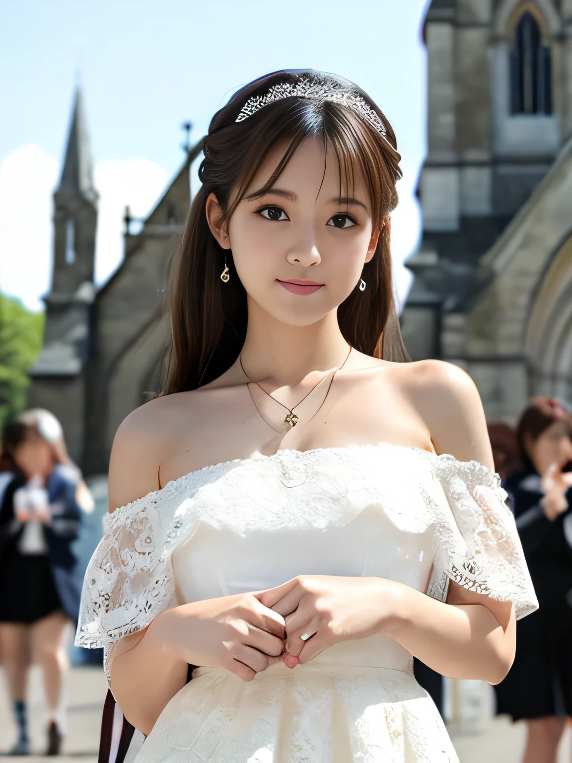  beautiful Japanese woman ,Being thin, Brown Eyes , looking at the camera ,Very young,necklace,white lace wedding dress,Off the shoulder,Hair accessories,Actress face, miniskirt ,Thighs,In front of the church, blurred background ,Skirt Lift