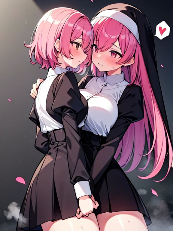 ((2girl),(yuri,lesbian),(petite)),(kiss,nipple-to-nipple,(Stare deeply into each other's eyes)), (8k,16K,masterpiece,best quality,high-resolution,detailed fingers,detailed hands,detailed eyes,detailed legs:1.5), ( pink hair, red hair, short hair, long hair,shiny hair:1.3), ((nun),Shiny:1.3), ((big breasts),beautiful breasts),(flower confetti:1.3,church), ((happy),(blush),(steam:1.3),(Sweaty)), (spoken heart)