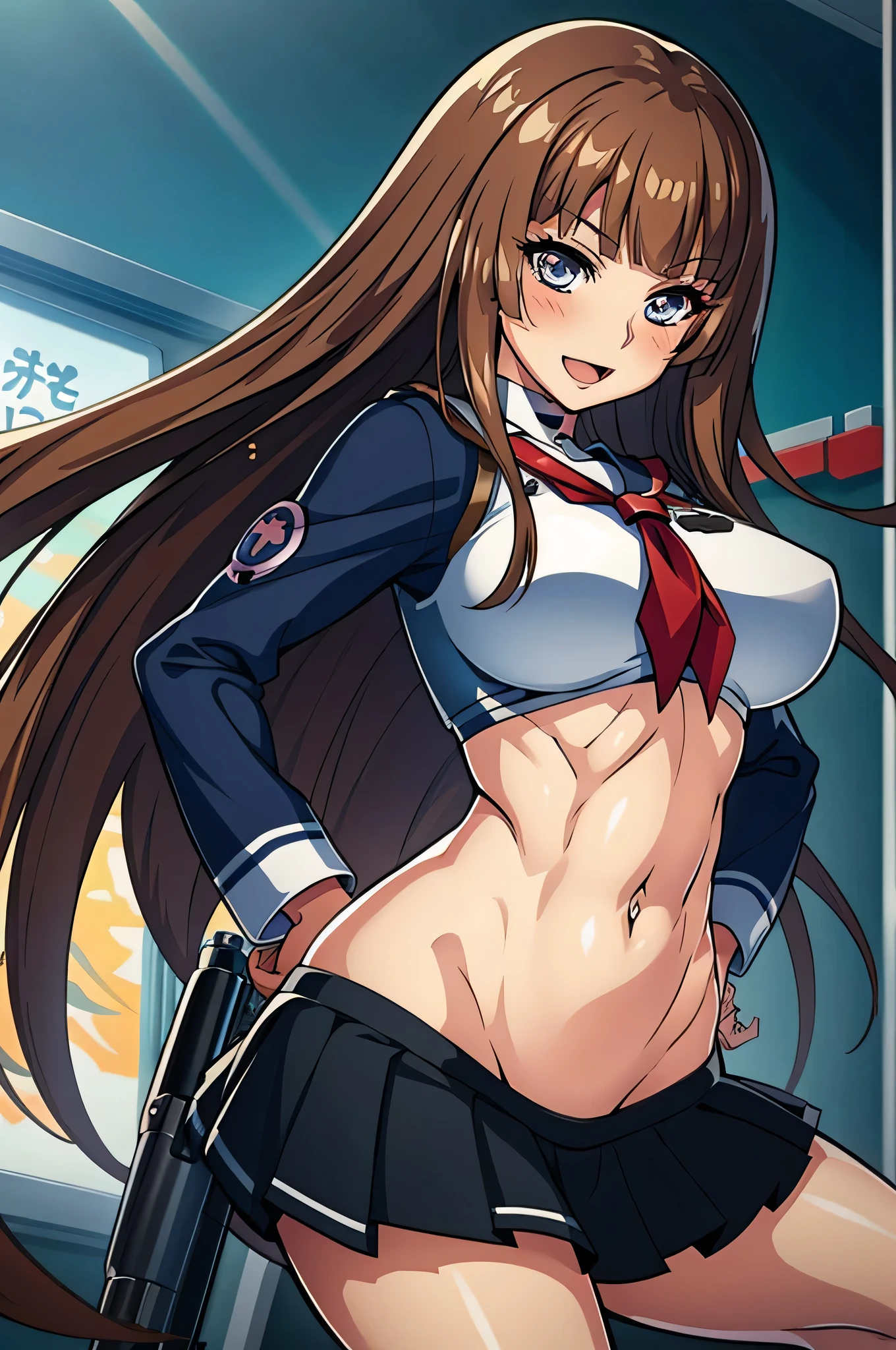 1woman, Kokawa_Asuka, brown_hair, blunt_bangs, medium breasts, blush, lipstick, masterpiece, best quality, highly detailed, a anime girls in sailor uniforms with a gun posing for a picture,
evil smile, smile, open mouth,black_serafuku, ecchi anime style, anime girls , (nsfw) not safe for work,
ecchi style, ecchi, shipgirls, digital anime art!!, high school girls, holding a gun, hold a gun, anime style 4
k, micro skirt, exposed belly, exposed navel, exposed midriff,
exposed lower belly,school, classroom, navel piercing