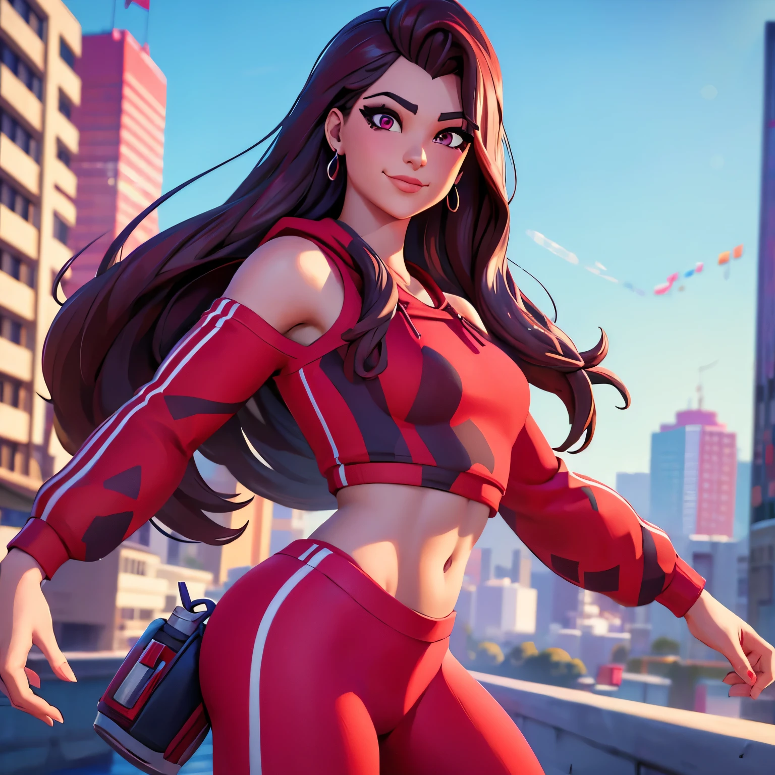 Ruby , (fortnite),1girl, solo, long hair, looking at viewer, smile, city background, bare shoulders, tight shirt, closed mouth, portrait, red sweatshirt, skin tight pants, red sports pants, realistic, best quality, masterpiece, ultra detail, ultra high res, extreme detail, 8k, uhd