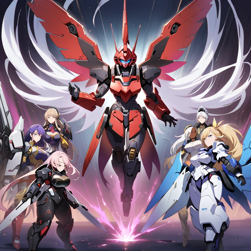 Anime, high detailed, multiple womans, mature womans, mecha armor, large mechanical wings, large Gauntlet, serious, curvy body, long mechanical wings, mecha weapons、Colored armors、magenta Colored aura、BLUE Eyes, elongated pupils,  Mature Woman、magenta aura、womans surrounding, background in the space 