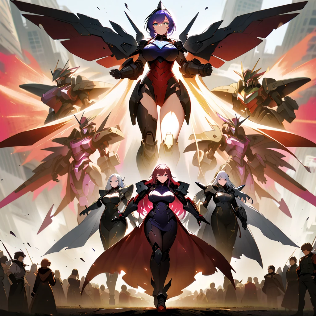 Anime, high detailed, multiple womans, mature womans, mecha armor, large mechanical wings, large Gauntlet, serious, curvy body, long mechanical wings, mecha weapons、Colored armors、magenta Colored aura、BLUE Eyes, elongated pupils,  Mature Woman、magenta aura、womans surrounding, background in the space 