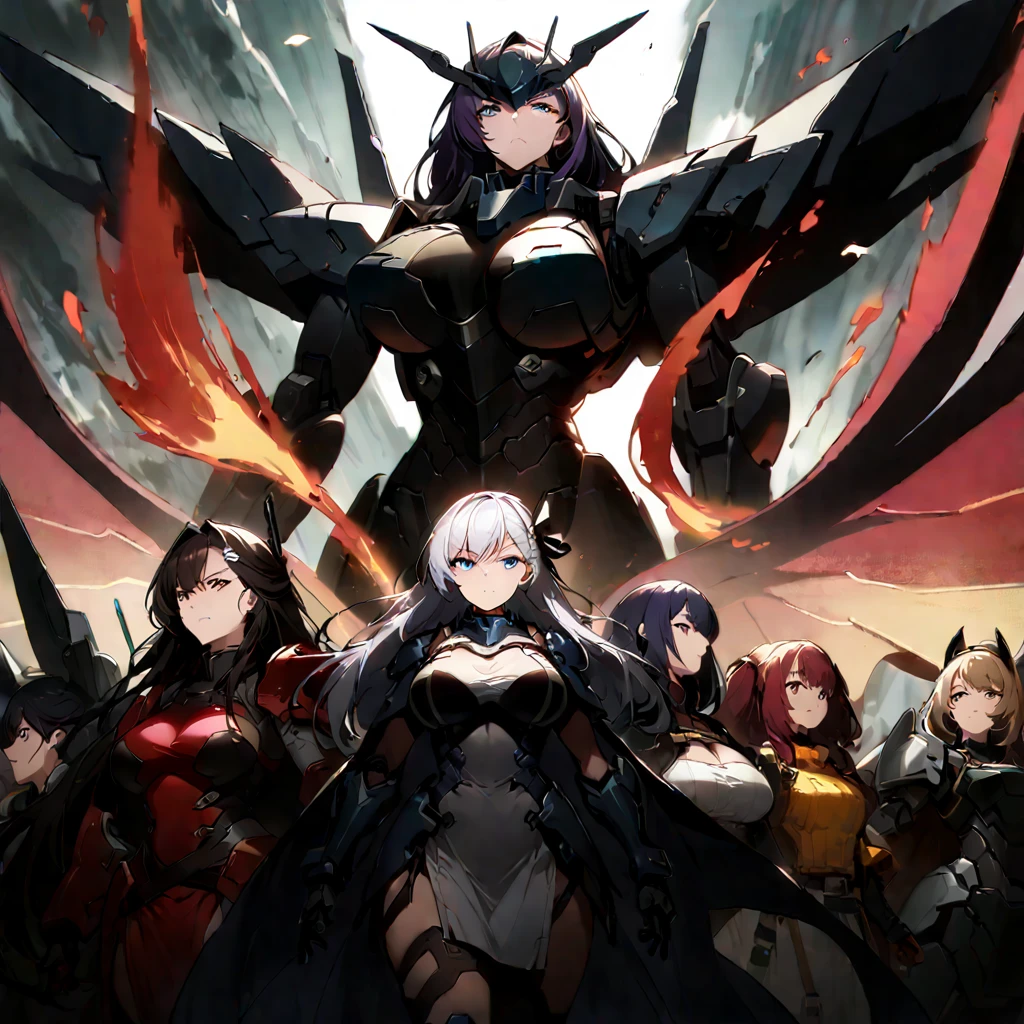 Anime, high detailed, multiple womans, mature womans, mecha armor, large mechanical wings, large Gauntlet, serious, curvy body, long mechanical wings, mecha weapons、Colored armors、magenta Colored aura、BLUE Eyes, elongated pupils,  Mature Woman、magenta aura、womans surrounding, background in the space 