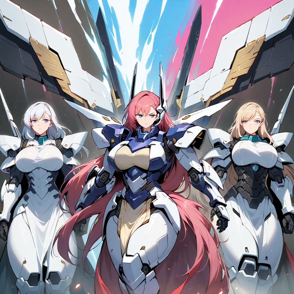 Anime, high detailed, multiple womans, mature womans, mecha armor, large mechanical wings, large Gauntlet, serious, curvy body, long mechanical wings, mecha weapons、Colored armors、magenta Colored aura、BLUE Eyes, elongated pupils,  Mature Woman、magenta aura、womans surrounding, background in the space 