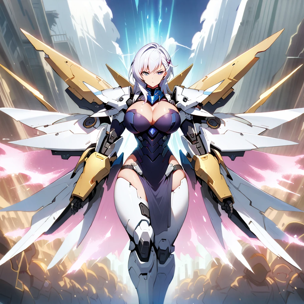 Anime, high detailed, multiple womans, mature womans, mecha armor, large mechanical wings, large Gauntlet, serious, curvy body, long mechanical wings, mecha weapons、Colored armors、magenta Colored aura、BLUE Eyes, elongated pupils,  Mature Woman、magenta aura、womans surrounding, background in the space 