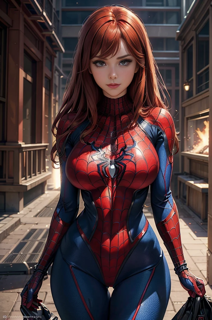 realistic 1.2, Mary Jane Watson, gentle smile,  a superhero dressed as Spider-Man , without mask,  long red hair , Huge breasts, Athletic body, Vibrant and dynamic style, with solid colors.  and defined contours highlighting the heroine . No distortions or imperfections. centralized composition, focus on the character.
 Keep the feminine representation strong and respectful ,  emphasizing her role as a superhero Ensure a balanced aesthetic consistent with the Spider-Man universe, vfx (Visual Effect)  highlighting the intricate anatomical features in a perfect way . The Spectator.  metric adds a touch of magic , highlighting The high dynamic range  (HDR)  makes the cores stand out , adding richness to the overall composition.