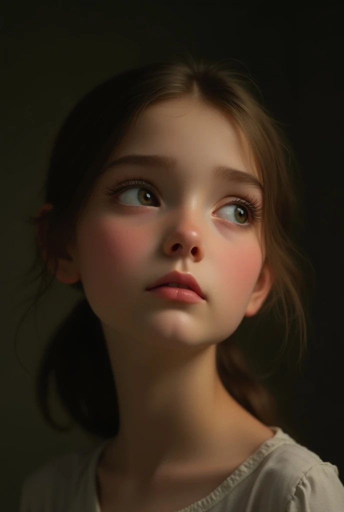 a detailed painting of a thoughtful young girl with beautiful detailed eyes, beautiful detailed lips, extremely detailed face and expression, long eyelashes, looking up contemplatively, serene atmosphere, warm lighting, muted color palette, cinematic composition, masterpiece,8k,photorealistic,professional,highly detailed,sharp focus