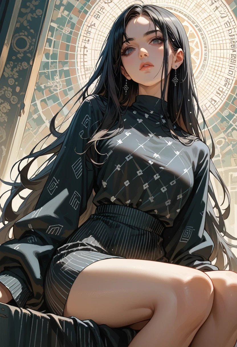 one girl sitting in the dark, Long Hair, Black Hair,  anatomically correct,  wide angle shot, Geometric patterns