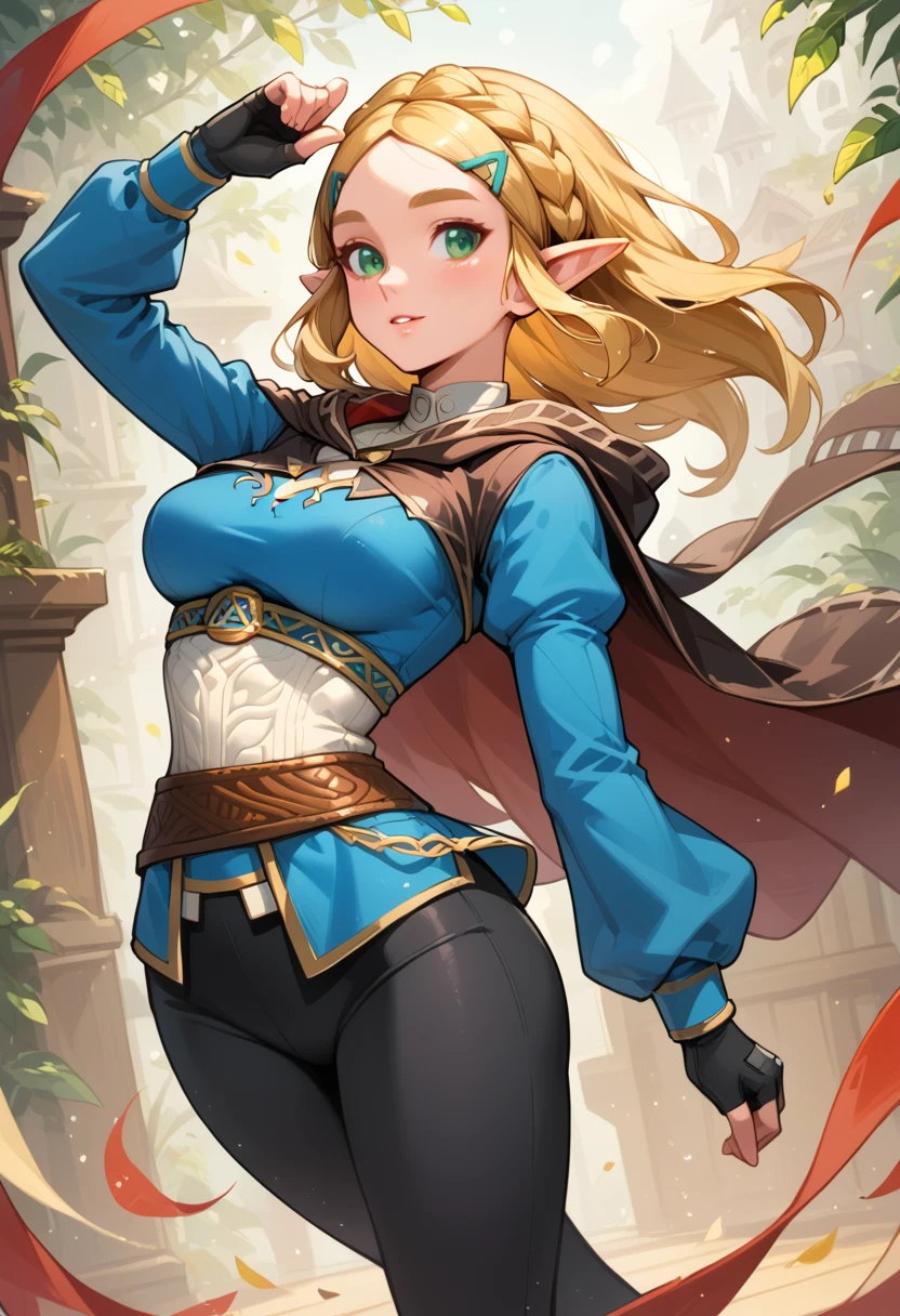 (extremely fine and beautiful:1.1), (perfect details:1.1), (finely detailed eyes and detailed face:1.3), ZeldaSDXL, Princess Zelda, narrow hips, medium breasts, slender thighs, small ears, pointy ears, braid, hair ornament, hairclip, gloves, black gloves, fingerless gloves, blue shirt, shirt, long sleeves, crown braid, bangs, green eyes, parted bangs, pants, black pants, blonde hair, short hair, long hair, cape, sidelocks, hood, thick eyebrows, jewelry, hooded cape, belt, tight pants, tight, puffy sleeves, ( lost path), black tap heels, white socks, while tap dancing, on stage