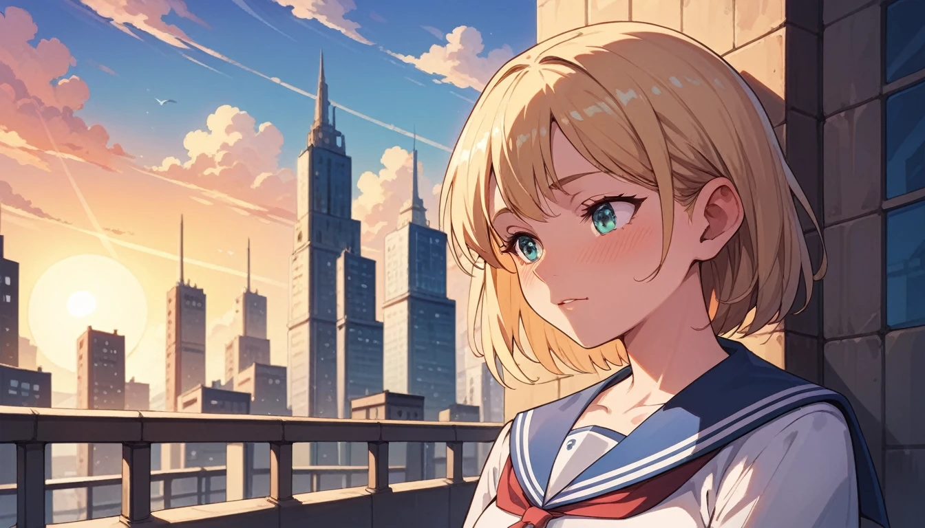 1girl, sailor uniform, sunset, dynamic perspective, city, torso, focused, blushing, exquisite, high quality, best details, HD, 32k,((high_quality)), ((Super_Detailed)),((high_quality)), ((Super_Detailed)), , (masterpiece:1.2), (best quality:1.2), (very aesthetic:1.2), (absurdres:1.2), (detailed background),newest, perfect anatomy, ((score_9:1.3)), ((score_8_up:1.3)), ((score_7_up:1.3))