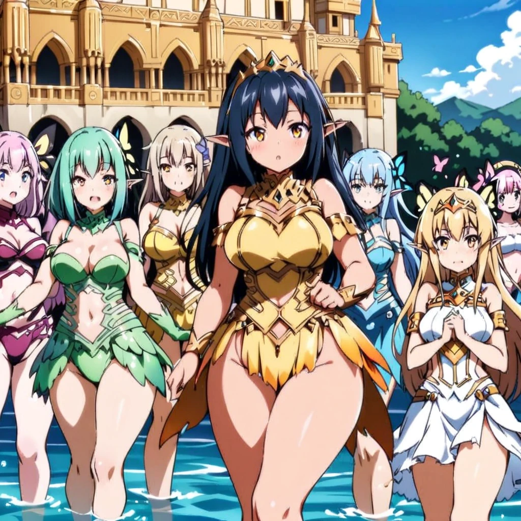 Anime, fairy girls, elf's ears, butterfly's wings, body-armor, detailed body-armors, curvy body, multiple girls,  girls surrounding, background a watered Golden palace, watered palace, the girls are walking in the Water 