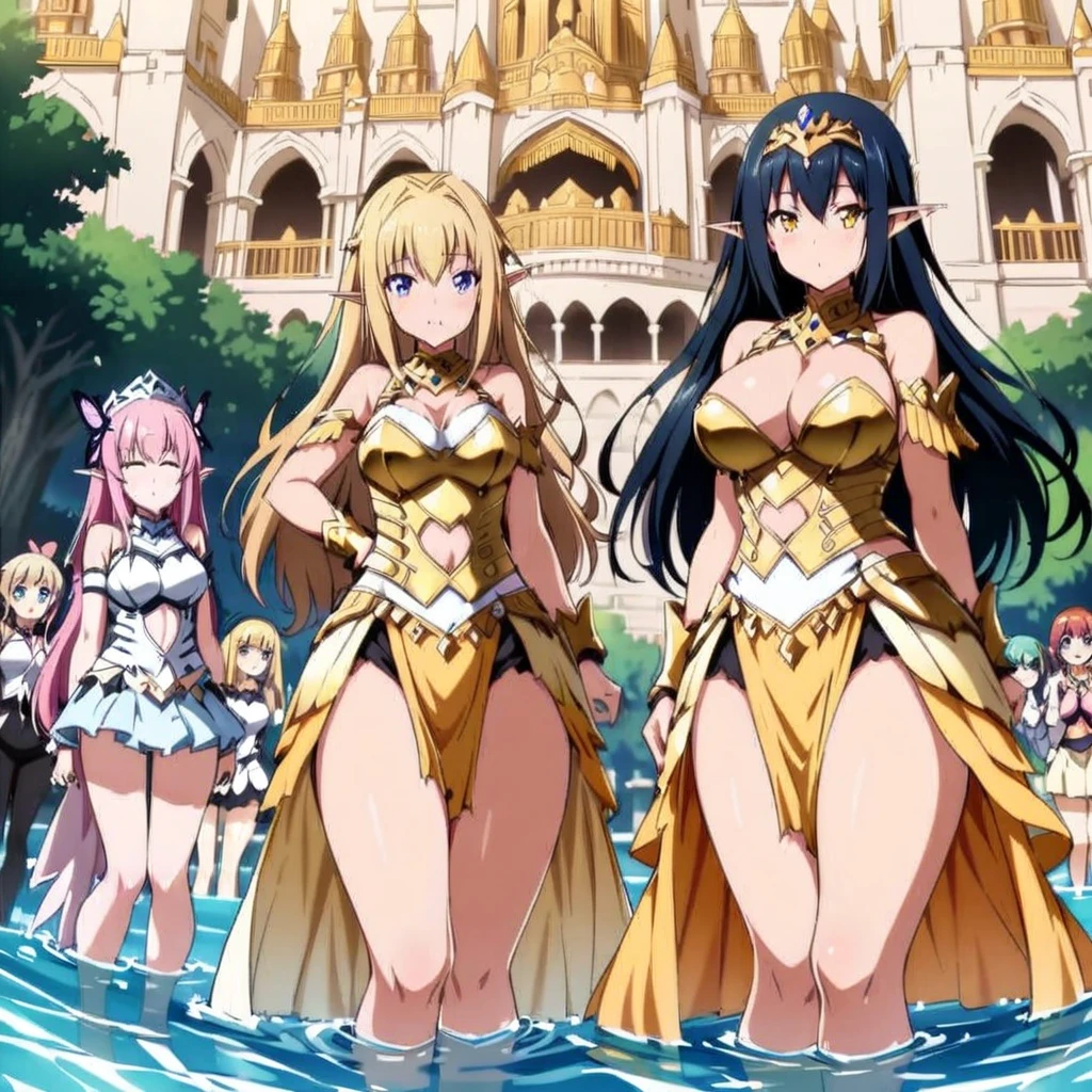 Anime, fairy girls, elf's ears, butterfly's wings, body-armor, detailed body-armors, curvy body, multiple girls,  girls surrounding, background a watered Golden palace, watered palace, the girls are walking in the Water 