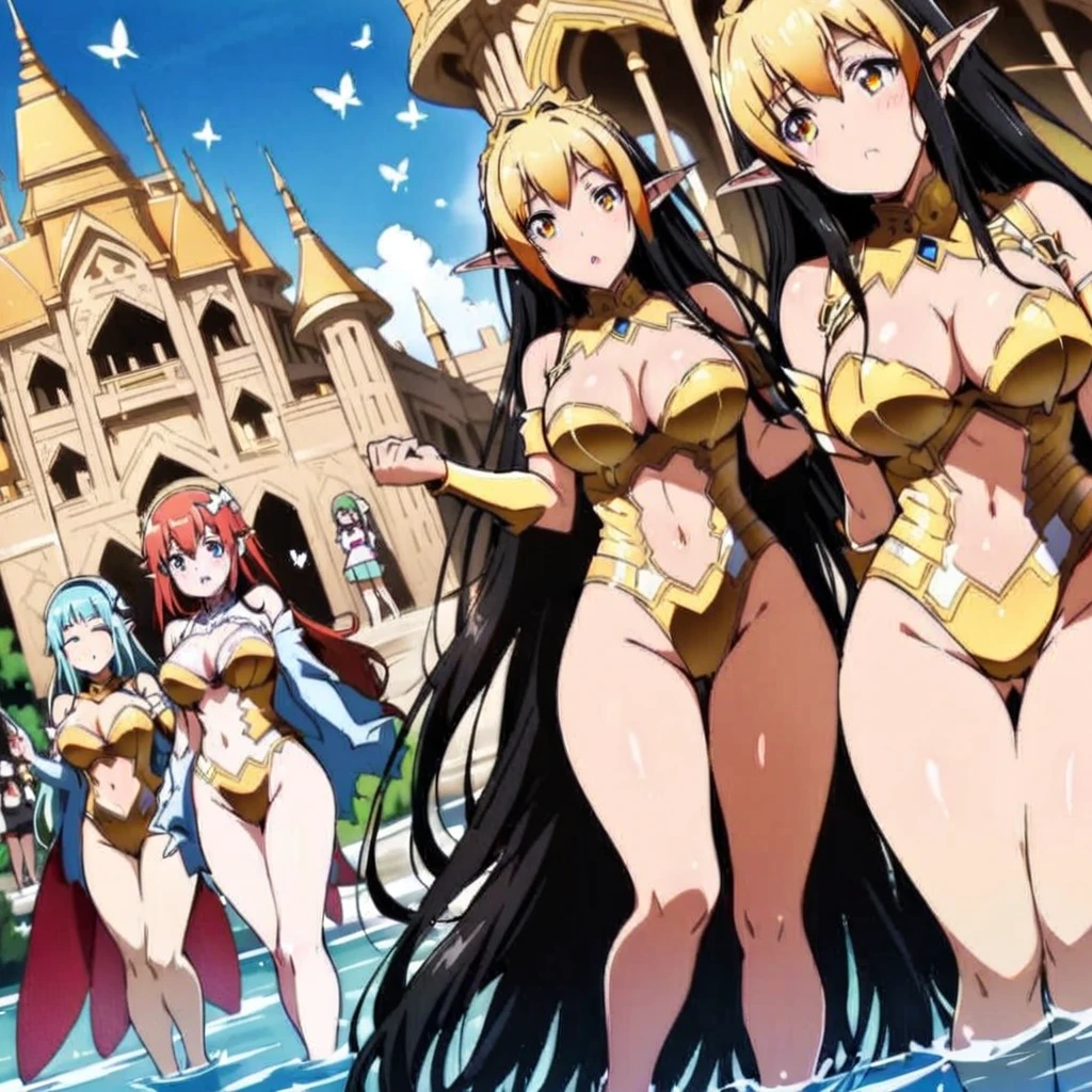 Anime, fairy girls, elf's ears, butterfly's wings, body-armor, detailed body-armors, curvy body, multiple girls,  girls surrounding, background a watered Golden palace, watered palace, the girls are walking in the Water 