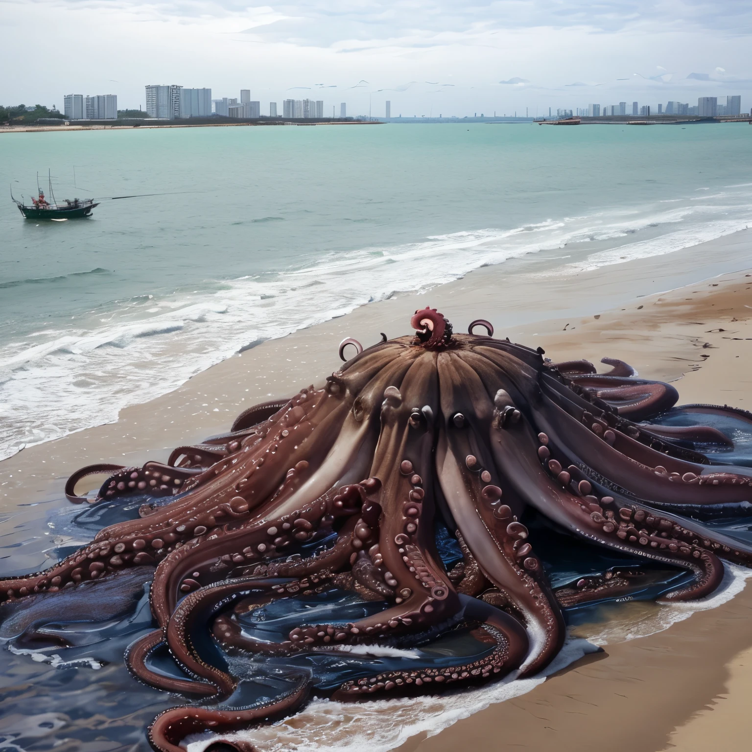 A huge octopus lies on the shore ， and many fishermen are watching。