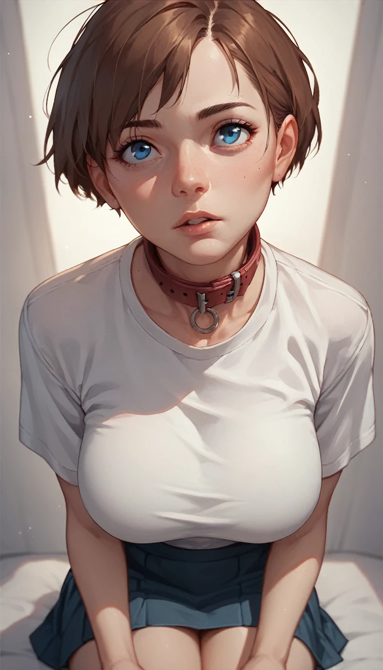 Solo, 1girl, short hair, brown hair, blue eyes, large breasts, pov, looking up, collar shirt, white shirt, skirt, 