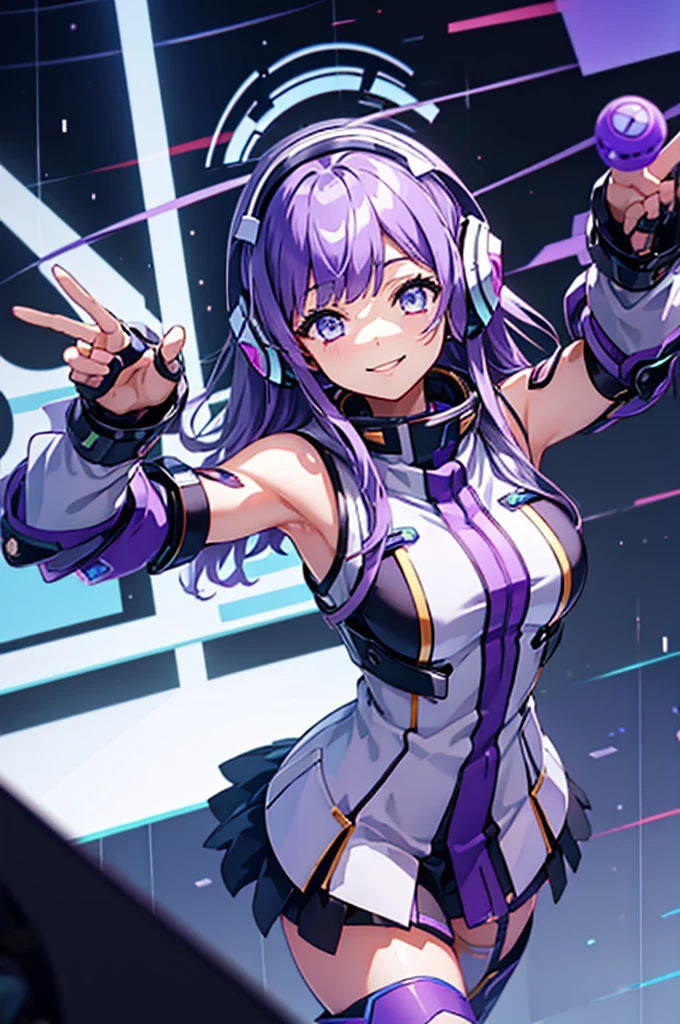 mecha wing、Thighs、Black tights、chest、smile、 light purple hair 、 1 girl、 solo girl 、income、 headphones、idol dress、tablet device、mecha girl、 white miniskirt 