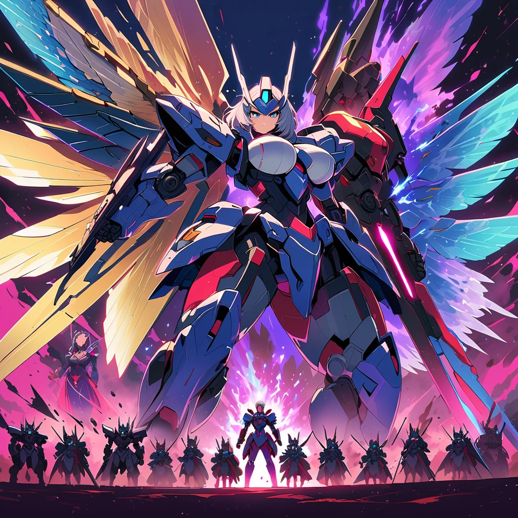 Anime, high detailed, multiple womans, mature womans, mecha armor, large mechanical wings, large Gauntlet, serious, curvy body, long mechanical wings, mecha weapons、Colored armors、magenta Colored aura、BLUE Eyes, elongated pupils,  Mature Woman、magenta aura、womans surrounding, background in the space 