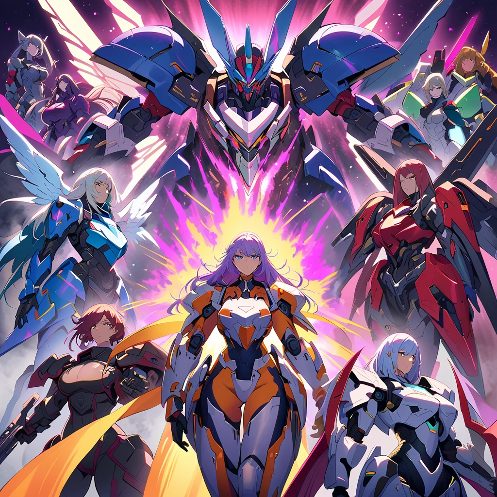 Anime, high detailed, multiple womans, mature womans, mecha armor, large mechanical wings, large Gauntlet, serious, curvy body, long mechanical wings, mecha weapons、Colored armors、magenta Colored aura、BLUE Eyes, elongated pupils,  Mature Woman、magenta aura、womans surrounding, background in the space 