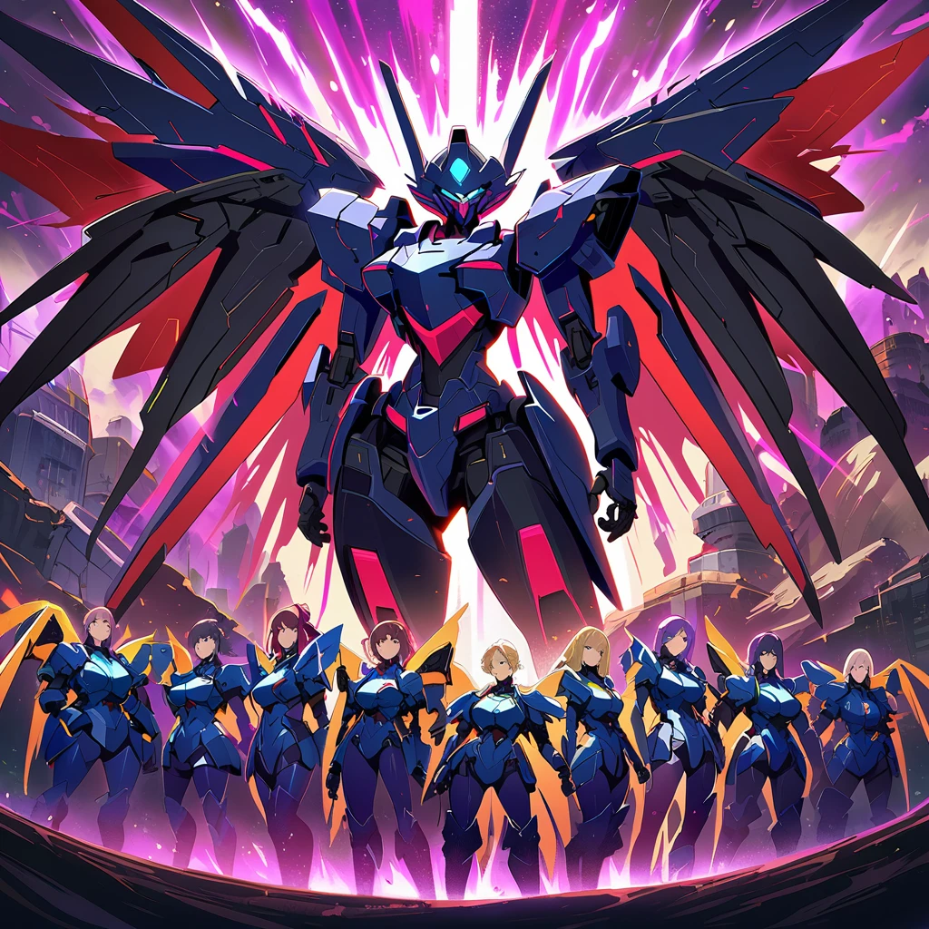 Anime, high detailed, multiple womans, mature womans, mecha armor, large mechanical wings, large Gauntlet, serious, curvy body, long mechanical wings, mecha weapons、Colored armors、magenta Colored aura、BLUE Eyes, elongated pupils,  Mature Woman、magenta aura、womans surrounding, background in the space 