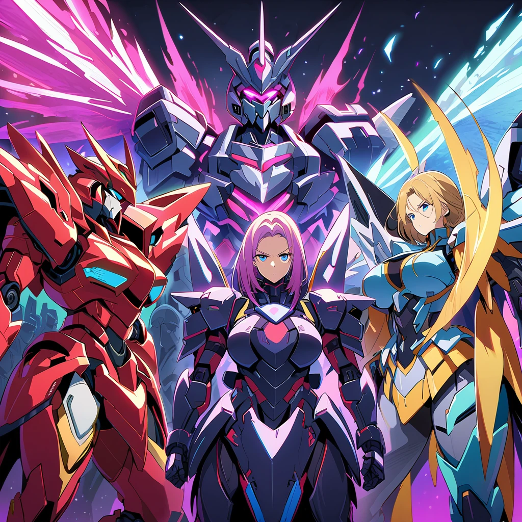 Anime, high detailed, multiple womans, mature womans, mecha armor, large mechanical wings, large Gauntlet, serious, curvy body, long mechanical wings, mecha weapons、Colored armors、magenta Colored aura、BLUE Eyes, elongated pupils,  Mature Woman、magenta aura、womans surrounding, background in the space 