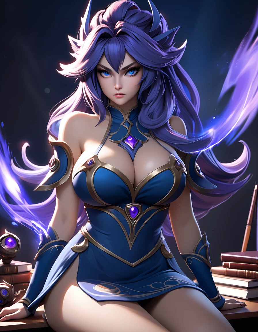 masterpiece, best quality, highly dramatic picture, beautiful eyes, cinematic lens effect, depth of field, ultra detailed, ((DOTA)), ((Busty Bitches)),  ecchi girl sexy photoshoot , random hairstyle, random hair colour,  dark magic, sitting on desk, concerned expression, action dress 