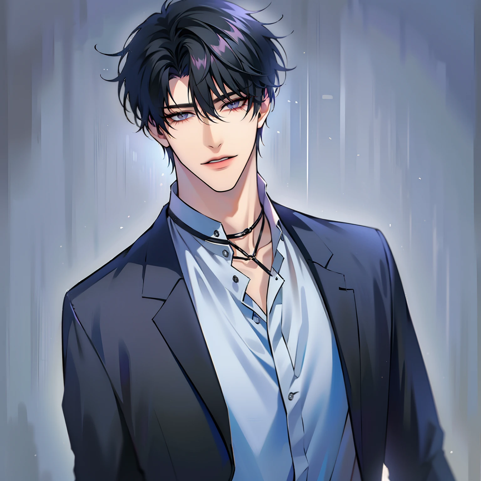 (masterpiece, 8k, high quality, best quality:1.6), 1boy, solo, short hair, black hair, asymmetrical fringe, purple eyes, handsome, sharp eyes, (mature male, mature:1.2), male focus, fashionable, tucked in open white collared shirt, gray pants, necklace, smile, long eyelashes, detailed face, beautiful detailed eyes, intricate details, detailed eyes, dramatic shadows, perfect anatomy