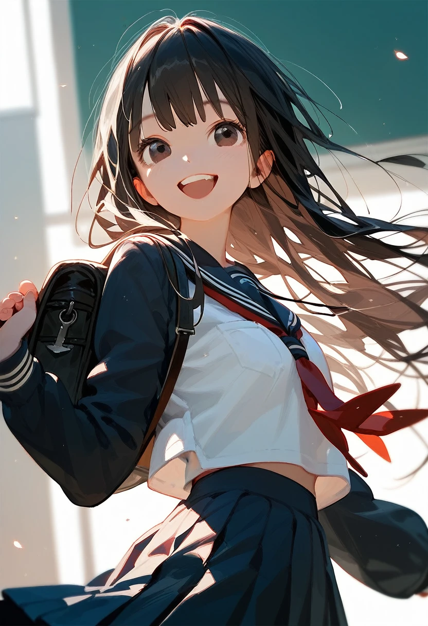 Score_9,Score_8_up,Score_7_up,highest quality,detailed,(1 beautiful 18yo girl,JK,slim,black_long_hair,straight_bangs,black eyes),(wearing school uniform:1.2),(perfect anatomy),(happy)