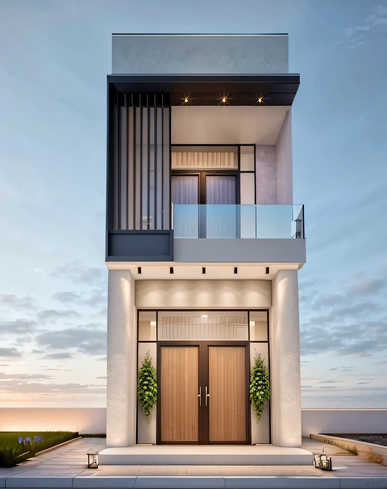 modern townhouse, white wall, glass door, glass railing, small bushes next to the house, High resolution, super detailed, 4k, vray rendering, octane rendering, hyper realistic, photography expert, exterior design, professional photography, exterior photography, wide angle shot, super detailed, High resolution, full frame, full body