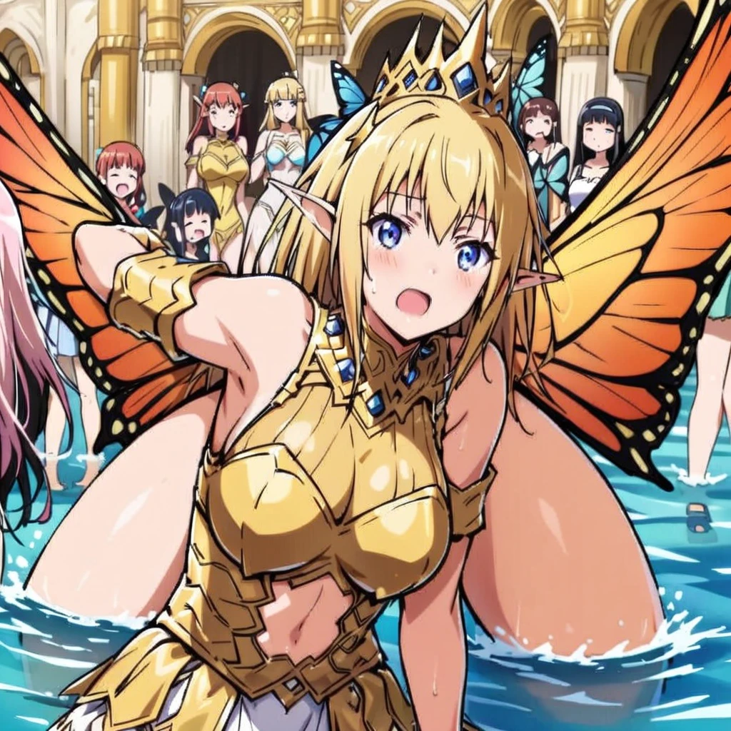 Anime, fairy girls, elf's ears, butterfly's wings, body-armor, detailed body-armors, curvy body, multiple girls,  girls surrounding, background a watered Golden palace, watered palace, the girls are walking in the Water, Large butterfly's wings in their back