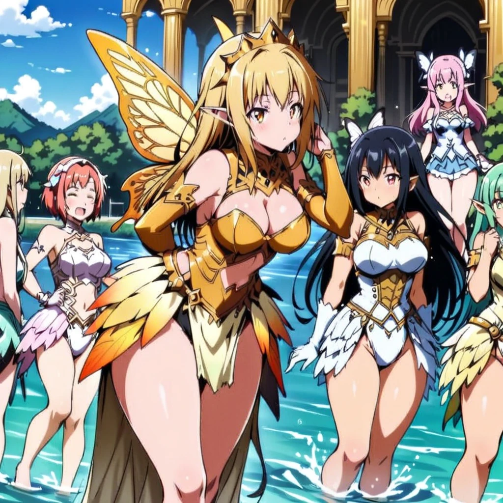 Anime, fairy girls, elf's ears, butterfly's wings, body-armor, detailed body-armors, curvy body, multiple girls,  girls surrounding, background a watered Golden palace, watered palace, the girls are walking in the Water, Large butterfly's wings in their back