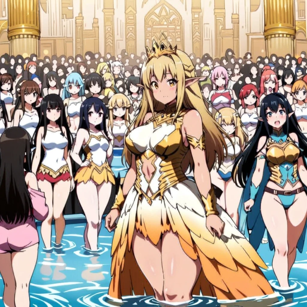 Anime, fairy girls, elf's ears, butterfly's wings, body-armor, detailed body-armors, curvy body, multiple girls,  girls surrounding, background a watered Golden palace, watered palace, the girls are walking in the Water, Large butterfly's wings in their back