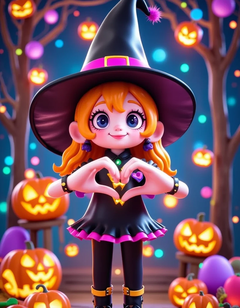 (far view: 1.0), (wide angle: 1.0), Cartoon，Halloween，Cartoon，1girl， wearing a witch hat ，双手在Halloween饰品背景下做心形手势，Halloween概念背景，Jack-o&#39;-lantern，Light and Shadow，Fresh and natural，fairy tale，color， abstract composition ，奇幻Cartoon， dreamy emotion , 3d, C4D render, ultra-high detail, vibrant colors, bright, RGB, colorful, (high contrast: 1.5), magazine photography,  popular on social media , ((Dopamineism)), (((Dopamineism))), facing the screen, dopamine colors, high saturation, high contrast, high definition, 8k, (in the style of Y2K), 1wsjbx1 