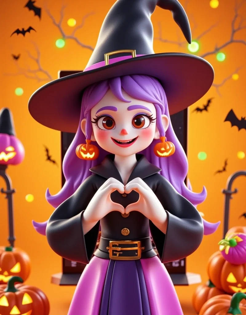 (far view: 1.0), (wide angle: 1.0), Cartoon，Halloween，Cartoon，1girl， wearing a witch hat ，双手在Halloween饰品背景下做心形手势，Halloween概念背景，Jack-o&#39;-lantern，Light and Shadow，Fresh and natural，fairy tale，color， abstract composition ，奇幻Cartoon， dreamy emotion , 3d, C4D render, ultra-high detail, vibrant colors, bright, RGB, colorful, (high contrast: 1.5), magazine photography,  popular on social media , ((Dopamineism)), (((Dopamineism))), facing the screen, dopamine colors, high saturation, high contrast, high definition, 8k, (in the style of Y2K), 1wsjbx1 