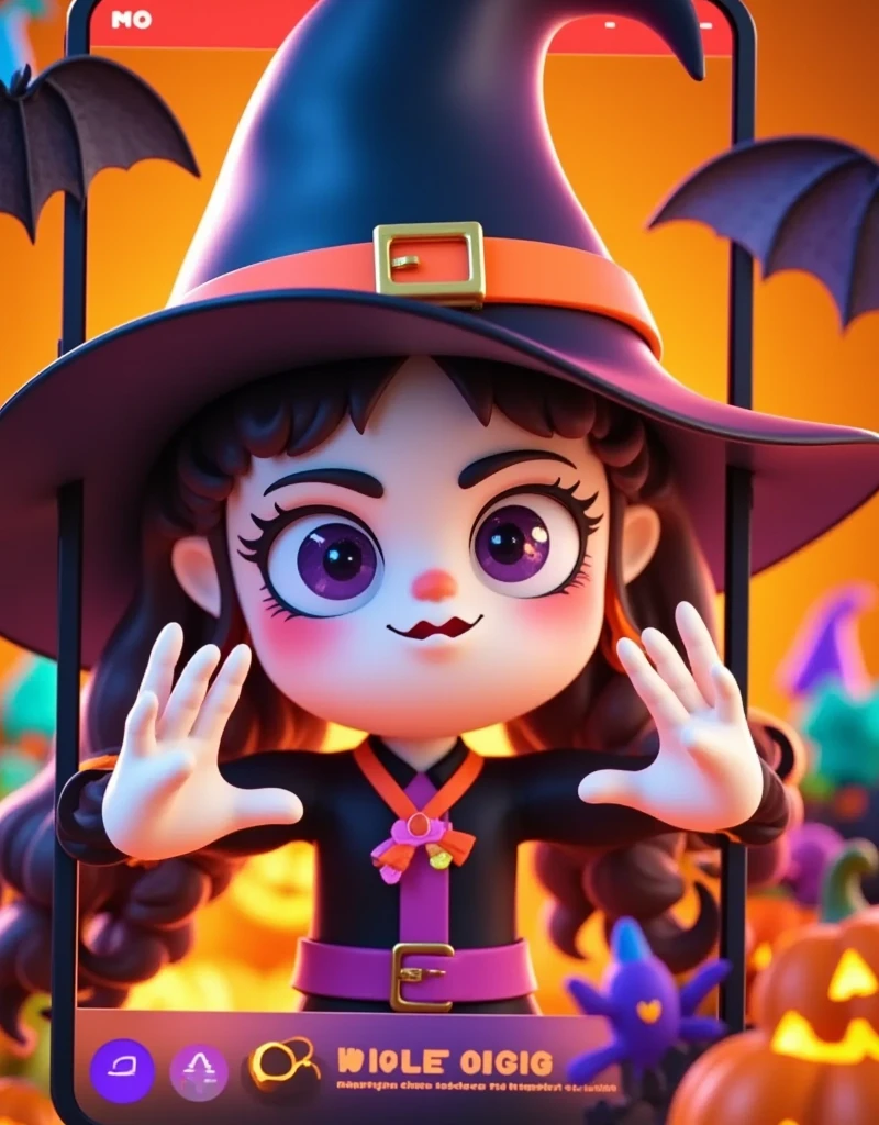 (far view: 1.0), (wide angle: 1.0), Cartoon，Halloween，Cartoon，1girl， wearing a witch hat ，双手在Halloween饰品背景下做心形手势，Halloween概念背景，Jack-o&#39;-lantern，Light and Shadow，Fresh and natural，fairy tale，color， abstract composition ，奇幻Cartoon， dreamy emotion , 3d, C4D render, ultra-high detail, vibrant colors, bright, RGB, colorful, (high contrast: 1.5), magazine photography,  popular on social media , ((Dopamineism)), (((Dopamineism))), facing the screen, dopamine colors, high saturation, high contrast, high definition, 8k, (in the style of Y2K), 1wsjbx1 