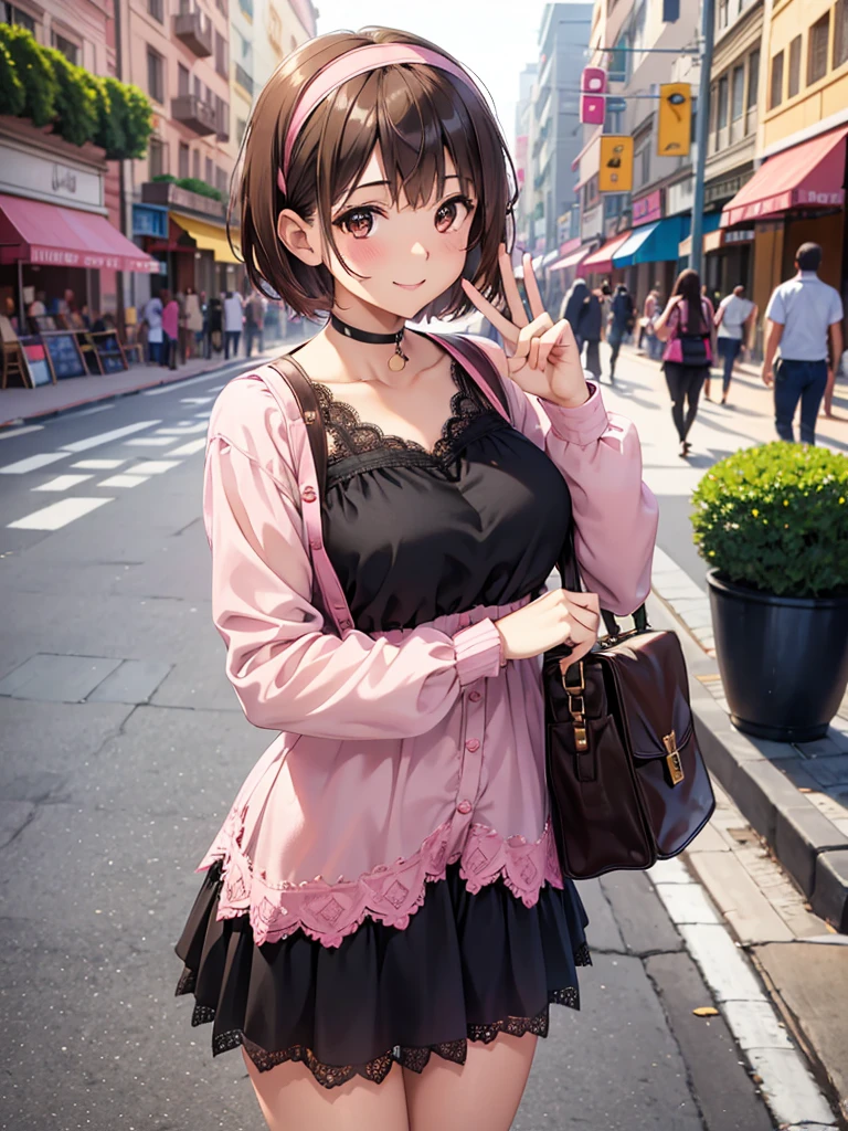  Kampala,cute, Brown Eyes ,Brown Hair,20-year-old woman,solo,Five beautiful fingers, pink blouse with lace ,black miniskirt with lace, pink headband with lace,smile,B Cup, short hair,Looking at the camera,Blurred Background,bustling street, Peace Sign , landmine fashion,Black Mask,