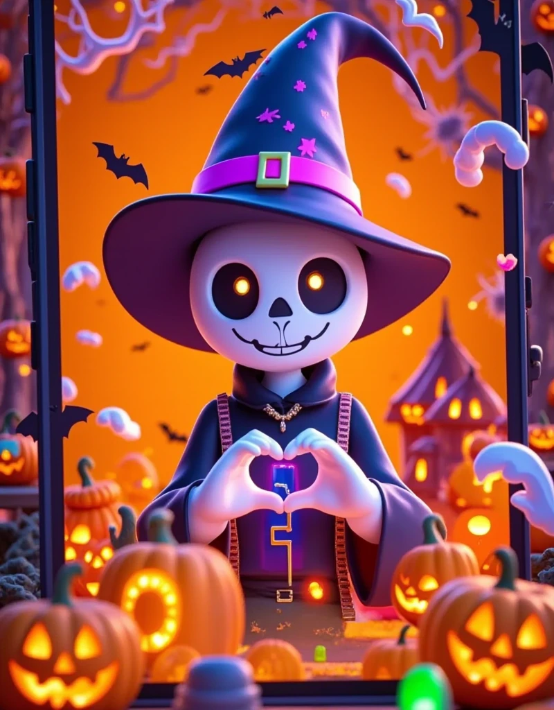 (far view: 1.0), (wide angle: 1.0), Cartoon，Halloween，Cartoon，一个Cartoon幽灵玩偶，Dissecting from the Middle ， Half Plastic Material ， Half Plastic Skull Skeleton ， wearing a pointed wizard hat，Halloween南瓜背景， X-Ray Style Trendy Play ， Anatomical Style Doll ， Purple Orange Ambient Light ，Fresh and natural，fairy tale，color， abstract composition ，奇幻Cartoon， dreamy emotion , 3d, C4D render, ultra-high detail, vibrant colors, bright, RGB, colorful, (high contrast: 1.5), magazine photography,  popular on social media , ((Dopamineism)), (((Dopamineism))), facing the screen, dopamine colors, high saturation, high contrast, high definition, 8k, (in the style of Y2K), 1wsjbx1 