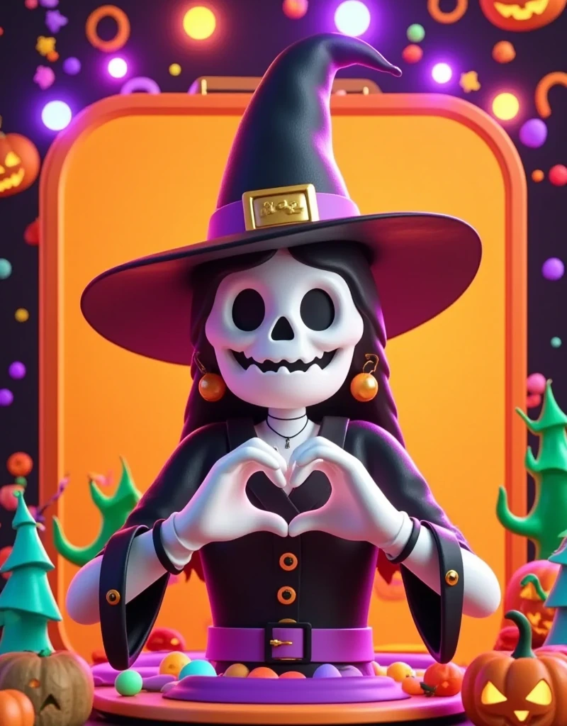 (far view: 1.0), (wide angle: 1.0), Cartoon，Halloween，Cartoon，一个Cartoon幽灵玩偶，Dissecting from the Middle ， Half Plastic Material ， Half Plastic Skull Skeleton ， wearing a pointed wizard hat，Halloween南瓜背景， X-Ray Style Trendy Play ， Anatomical Style Doll ， Purple Orange Ambient Light ，Fresh and natural，fairy tale，color， abstract composition ，奇幻Cartoon， dreamy emotion , 3d, C4D render, ultra-high detail, vibrant colors, bright, RGB, colorful, (high contrast: 1.5), magazine photography,  popular on social media , ((Dopamineism)), (((Dopamineism))), facing the screen, dopamine colors, high saturation, high contrast, high definition, 8k, (in the style of Y2K), 1wsjbx1 