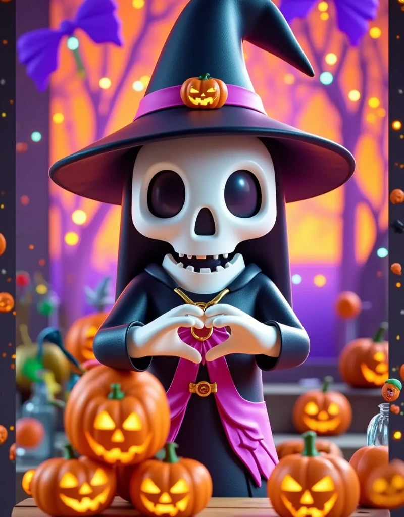 (far view: 1.0), (wide angle: 1.0), Cartoon，Halloween，Cartoon，一个Cartoon幽灵玩偶，Dissecting from the Middle ， Half Plastic Material ， Half Plastic Skull Skeleton ， wearing a pointed wizard hat，Halloween南瓜背景， X-Ray Style Trendy Play ， Anatomical Style Doll ， Purple Orange Ambient Light ，Fresh and natural，fairy tale，color， abstract composition ，奇幻Cartoon， dreamy emotion , 3d, C4D render, ultra-high detail, vibrant colors, bright, RGB, colorful, (high contrast: 1.5), magazine photography,  popular on social media , ((Dopamineism)), (((Dopamineism))), facing the screen, dopamine colors, high saturation, high contrast, high definition, 8k, (in the style of Y2K), 1wsjbx1 